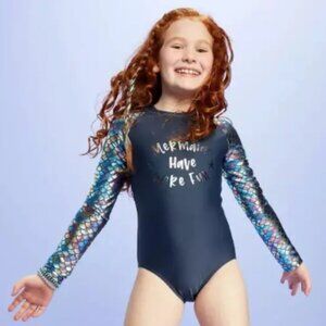 Girls More Than Magic Gray Mermaids Long Sleeve Rashguard Swimsuit 1pc sz XS 4/5